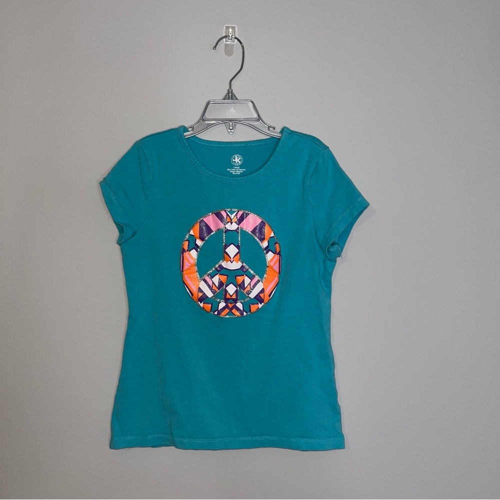 J. Khaki Teal Kids Tee with Colorful Peace Sign Youth Large - Picture 1 of 4